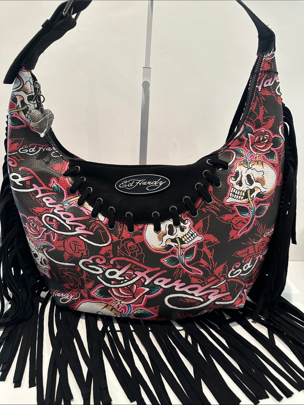 NWT Ed Hardy Black & Red Skull and Roses Sloughy Hobo Tassel Shoulder Bag